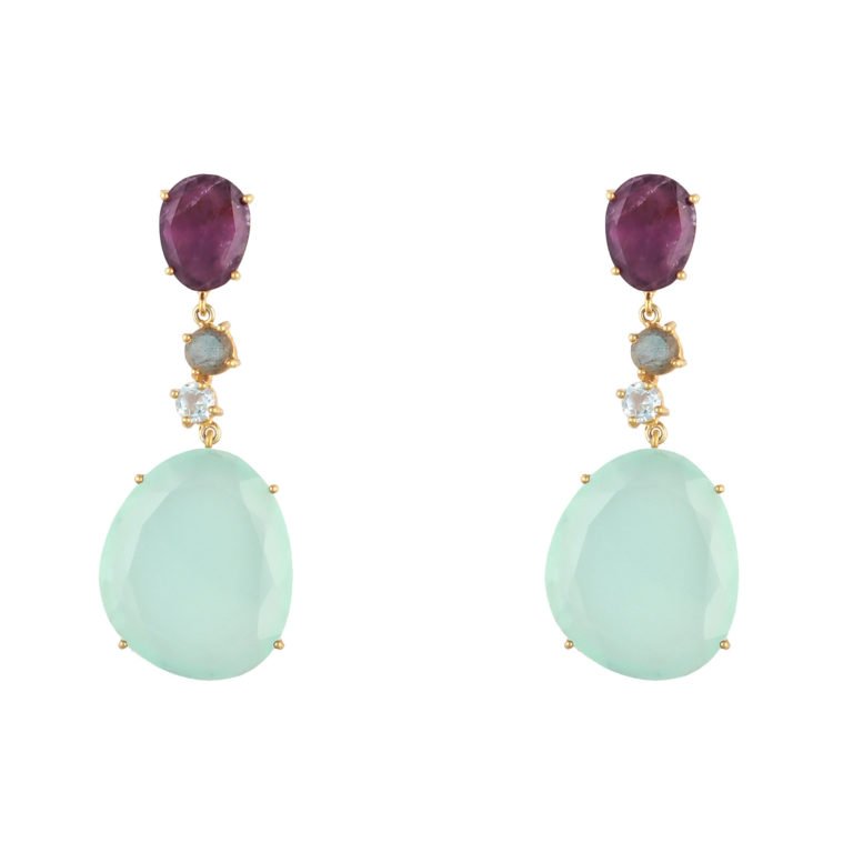 Ohrstecker Si/Go mit Amethyst, Labradorit, Blautopas & Chalcedon