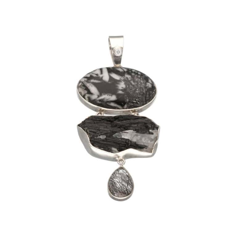 Pendant with crystal, chrysanthemum stone, black tourmaline & tourmaline quartz made of 925 silver