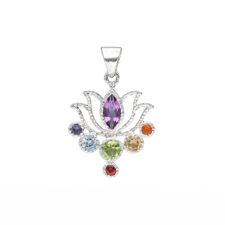 Pendant lotus flower with chakra stones made of 925 silver
