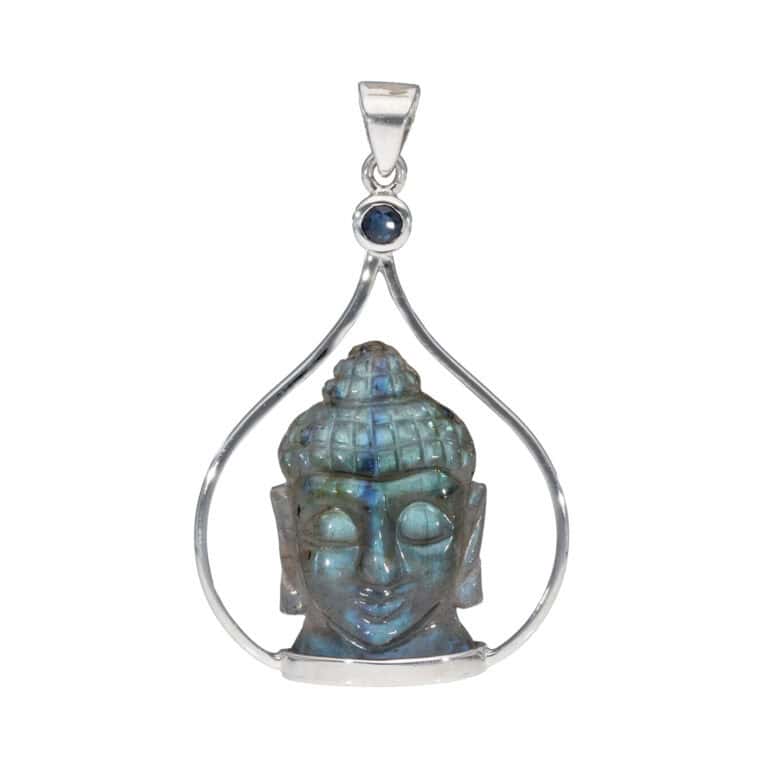 Anhänger mit Labradorit-Buddha & Saphir aus 925 Silber