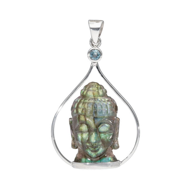 Anhänger mit Labradorit-Buddha & Blauem Topas aus 925 Silber