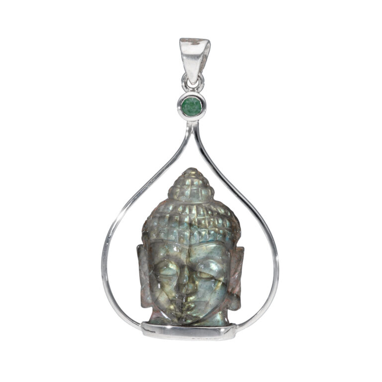Anhänger mit Labradorit-Buddha & Smaragd aus 925 Silber