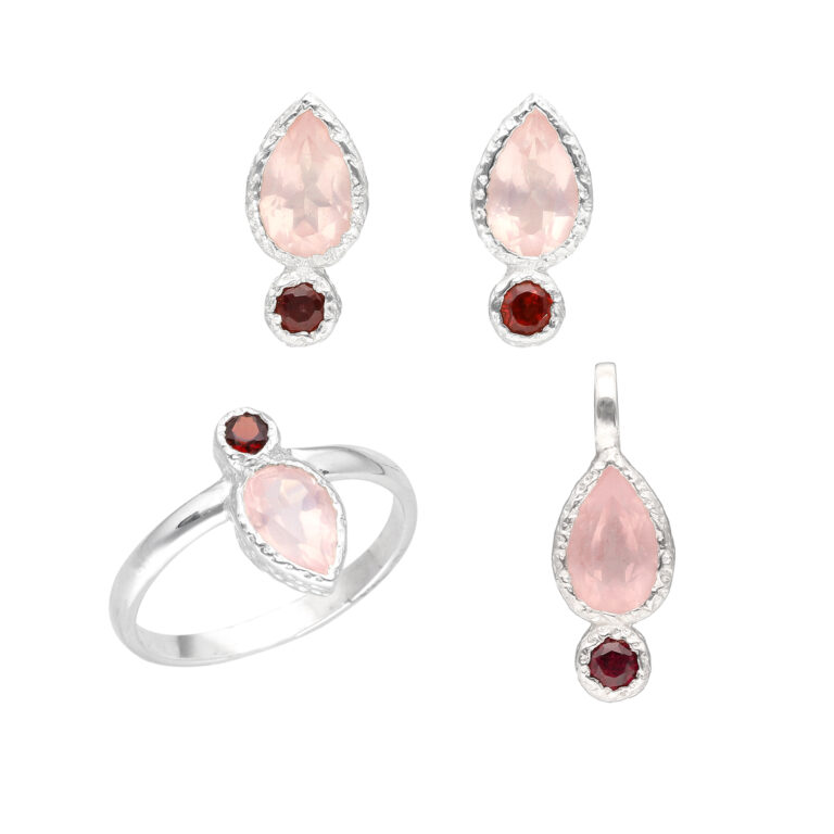 Set mit Rosenquarz & Granat aus 925 Silber