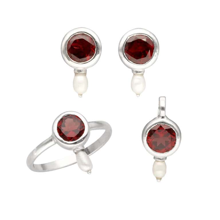 Set mit Granat & Perle aus 925 Silber