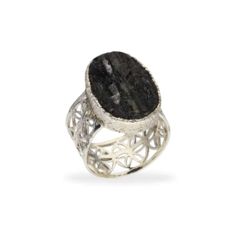 Ring with Black Tourmaline & Flower of Life in 925 Silver