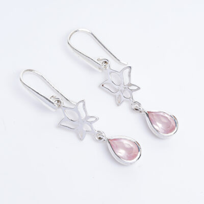 Earrings with rose quartz & lotus flower made of 925 silver