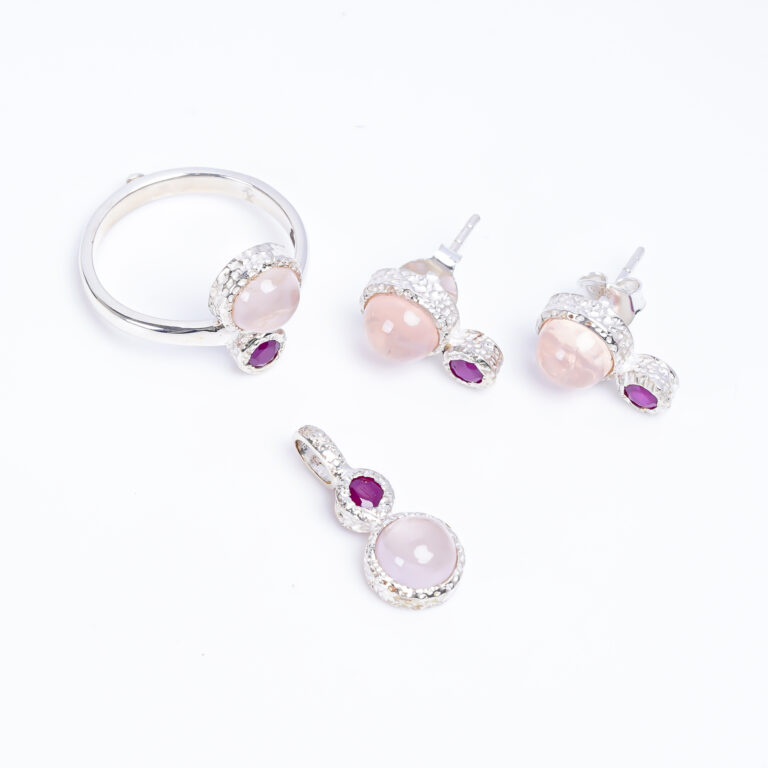 Set mit Rosenquarz & Rubin aus 925 Silber