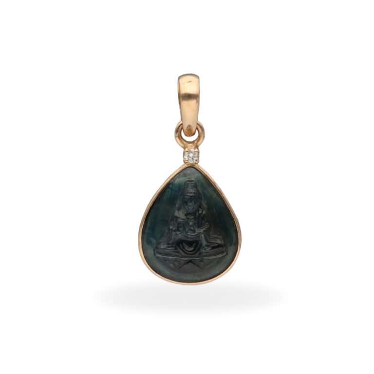 Anhänger mit Saphir und Buddhagravur aus 585 Gold