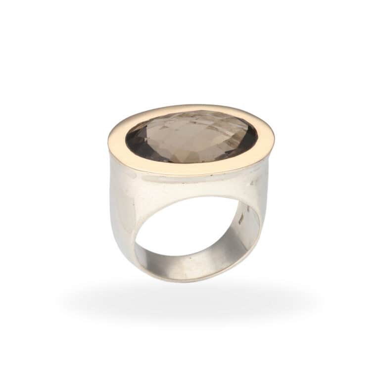 Ring mit Rauchquarz aus 925 Silber und Goldrand – Bild 2