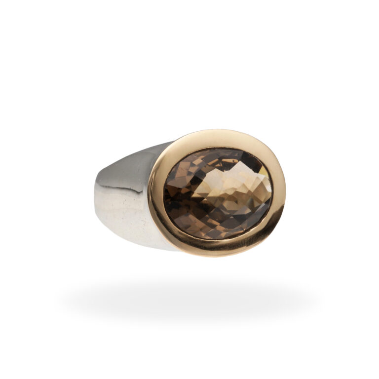 Ring mit Rauchquarz aus 925 Silber und Goldrand