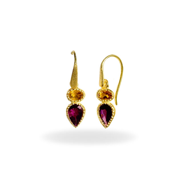 Earrings with sunstone and garnet made of 925 silver, 1.0 micron gold-plated